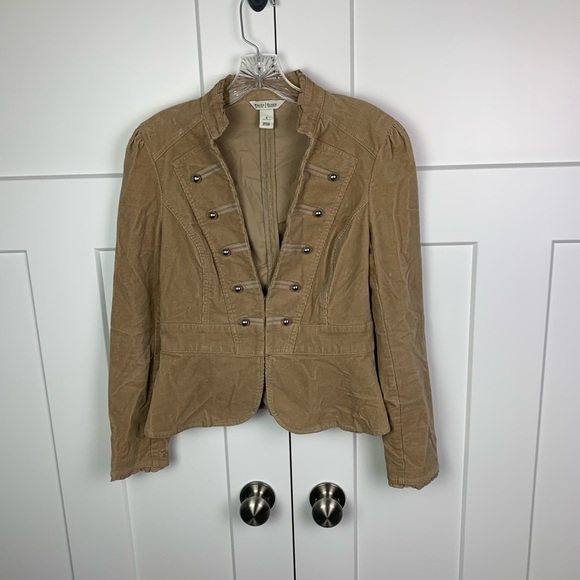 White House Black Market Size 4 Tan Corduroy Military Jacket Silver Button Stret - Picture 2 of 9